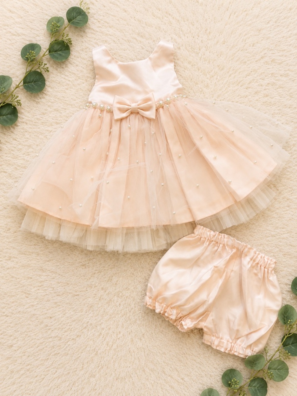 American Princess Pale Peach Satin Baby Dress with Bow